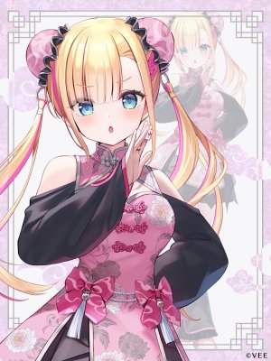 amakomo_linon,桃色椿,露肩,金发,碧眼,breasts,汉服,双团子头,连衣裙,包子頭,holding,长发,长袖,粉发,single,超长发,Vtuber,白背景