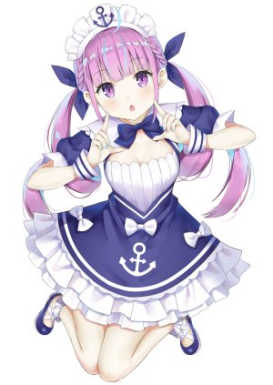 Vtuber,Hololive,湊あくあ,hujinoyume,长发,single,長身像,视线正对,白背景,双马尾,紫色眼,紫发,cleavage