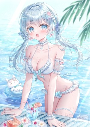 原创,小日向ほしみ,露肩,水着,碧眼,青发,脸红,手镯,breasts,项圈,cleavage,发饰,长发,视线正对,露脐,開口,笑顔,泳装,双马尾