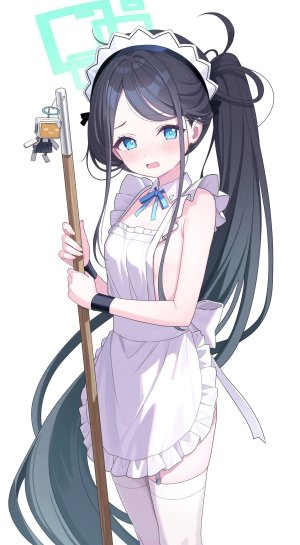 天童アリス,蔚蓝档案,北乃ゆきと,围裙,脸红,光晕,holding,长发,视线正对,開口,single,丝袜,超长发,白背景,白丝
