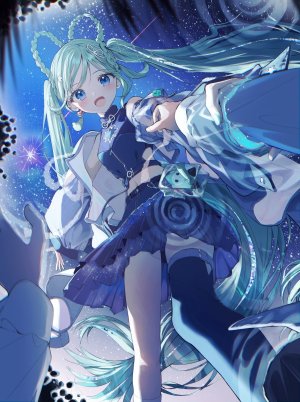 初音ミク,Magical_Mirai_Miku,魔法未来演唱会,VOCALOID,ぺんたごん,露肩,碧眼,脸红,三股辫,breasts,绿发,长发,长袖,视线正对,露脐,開口,褶皱裙,衬衫,短裙,天空,笑顔,丝袜,双马尾,超长发