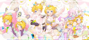 鏡音レン,鏡音リン,VOCALOID,oyamada_gamata,动物,前发,露肩,金发,碧眼,脸红,兔子,连衣裙,手套,发饰,holding,视线正对,闭只眼,開いた口,学校制服,衬衫,短发,笑顔,翅膀