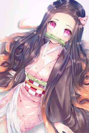 灶门祢豆子,鬼灭之刃,mayoko_na_kuroneko,黑发,和服,长发,长袖,视线正对,オビ,缎带,坐姿,single