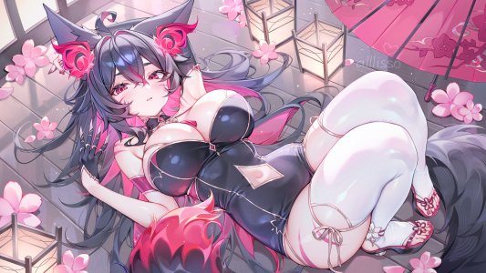 原创,alllisso,single,长发,视线正对,前发,脸红,breasts,兽耳,横臥,狐娘,少女,丝袜,手套,露脐,白丝,雨伞