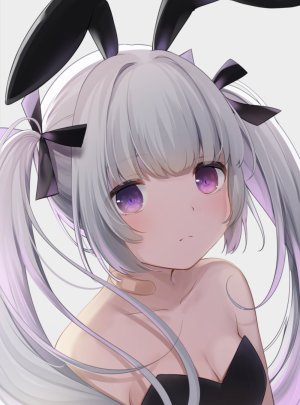 原创,甘城なつき,兽耳,前发,露肩,脸红,胸部,兔耳,cleavage,长发,视线正对,横乳,紫色眼,缎带,single,双马尾