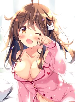 kokoa-chan,原创,pan,呆毛,乳晕,脸红,胸部,棕色眼,茶发,衬衫,发饰,长发,长袖,横乳,露脐,闭只眼,開いた口,single