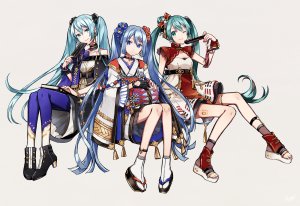 buzz,初音ミク,VOCALOID,碧眼,青发,汉服,项圈,连衣裙,手套,和服,长发,双马尾