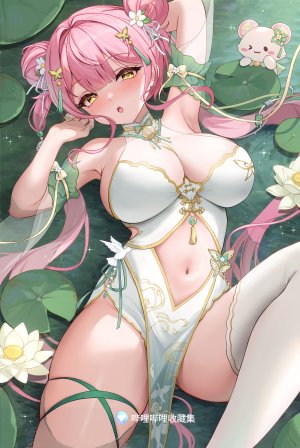 独立虚拟YouTuber,柚一yuiko,机智大灯灯,直刘海,脸红,breasts,汉服,双团子头,连衣裙,包子頭,发饰,长发,横臥,開口,粉发,缎带,闪烁,双马尾,超长发,Vtuber,黄色眼