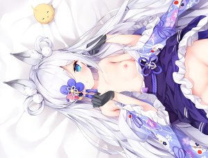 chen_bin,霞,碧蓝航线,动物,兽耳,拟人,手套,和服,萝莉,长发,nipples,No-Bra,nopan,白发,cropped,waifu2x