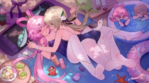 符玄,青雀,崩坏：星穹铁道,翼つばさ,脸红,茶发,绿色眼,长发,挤眼,開口,裤袜,粉发,死库水,泳装,百合