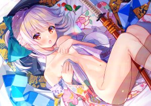 atori,原创,breast_hold,和服,武士刀,No-Bra,nopan,红色眼,剑,脱衣,白发