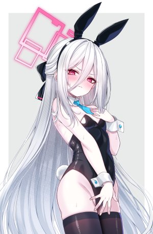 天童Kei,蔚蓝档案,fukemachi,兽耳,黑丝,脸红,breasts,光晕,视线正对,红色眼,single,丝袜,白发