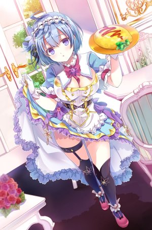 美少女花骑士,satou_satoru,呆毛,黑丝,碧眼,青发,脸红,胸部,cleavage,全身,手套,巨乳,视线正对,女仆,短发,短裙,掀裙,single