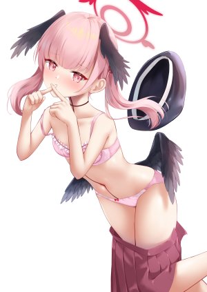 c.u.wa,下江コハル,蔚蓝档案,露肩,脸红,bra,breasts,项圈,光晕,萝莉,视线正对,迷你短裙,露脐,胖次,粉发,褶皱裙,红色眼,短裙,single,双马尾,下着,白背景,翅膀