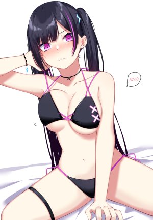 原创,ichiki_1,露肩,水着,黑发,脸红,胸部,项圈,cleavage,发饰,巨乳,长发,视线正对,露脐,坐姿,single,泳装,双马尾