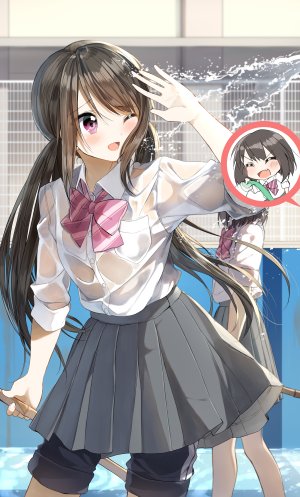 原创,ぺんたごん,黑发,脸红,胸部,茶发,チビ,衬衫,holding,长发,闭只眼,開いた口,紫色眼,短裙,貧乳,笑顔,双马尾