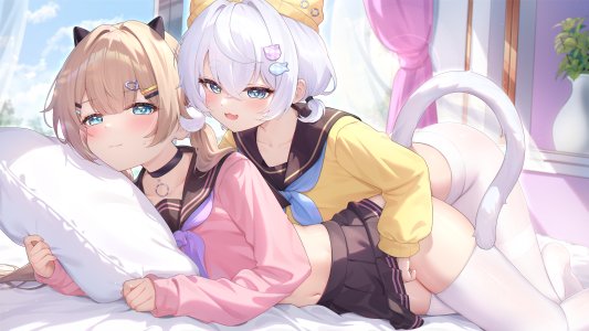 原创,kuroida,碧眼,猫娘,猫尾,项圈,发饰,长发,长袖,视线正对,横臥,nopan,開口,学校制服,衬衫,短裙,笑顔,双马尾,白发,百合