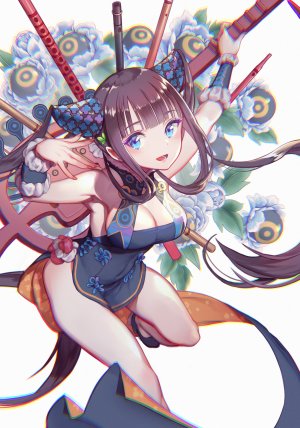 杨贵妃,fate,tajuu_jinkakuno_kaze,前发,露肩,碧眼,直刘海,脸红,胸部,汉服,cleavage,连衣裙,Fate/Grand_Order,Fate系列,フルート,发饰,乐器,巨乳,长发,视线正对,開いた口,紫发,笑顔,single,双马尾,白背景