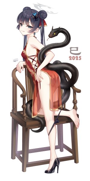 竜華キサキ,蔚蓝档案,neps-l,黑发,breasts,汉服,双团子头,连衣裙,全身,包子頭,发饰,光晕,长发,视线正对,nipples,胖次,panty_pull,缎带,笑顔,snake,single,双马尾,下着,白背景