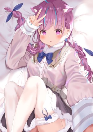 青葉みつ,湊あくあ,Hololive,兽耳,猫耳,nopan,黑丝