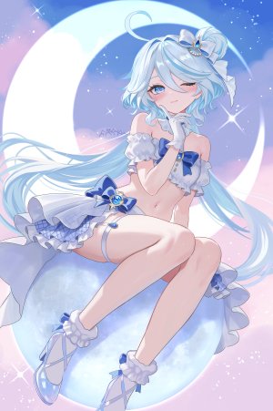 原神,芙宁娜,rrr_gns,single,长发,長身像,视线正对,前发,脸红,碧眼,坐姿,银发,天空,呆毛,挤眼,闪烁,少女,手套,露脐