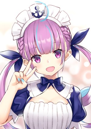 湊あくあ,Hololive,heijialan,呆毛,前发,青发,三股辫,胸部,连衣裙,横乳,開いた口,紫色眼,紫发,缎带,笑顔,single,双马尾,Vtuber