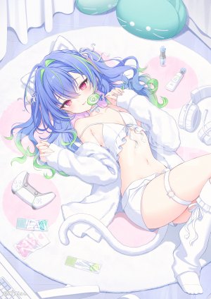 凉海ネモ,nanashi_inc.,Snow_is_,兽耳,青发,bra,绿发,holding,长发,视线正对,横臥,露脐,胖次,红色眼,缎带,笑顔,single,下着,Vtuber