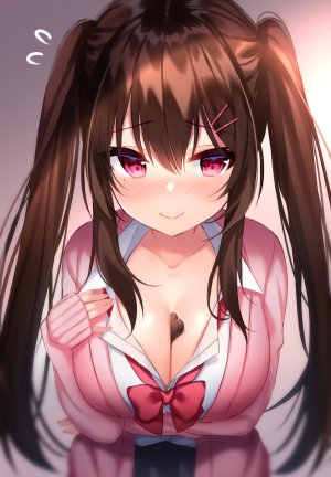 原创,shouu-kun,脸红,breast_hold,胸部,茶发,cleavage,发饰,巨乳,长发,长袖,视线正对,開いた口,衬衫,短裙,笑顔,single,双马尾,情人节