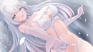 shiroha_nemu,独立虚拟YouTuber,kurage_cc,露肩,碧眼,脸红,bra,breasts,cleavage,長手袋,手套,视线正对,露脐,胖次,花瓣,缎带,笑顔,single,下着,Vtuber,白发,翅膀