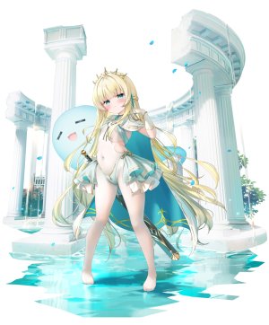 goddess_paradise,鬼針草,水着,金发,碧眼,直刘海,手镯,三股辫,breasts,项圈,全身,手套,holding,长发,视线正对,项链,缎带,笑顔,single,泳装,剑,头饰,超长发,weapon