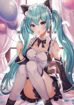 gongha,初音ミク,VOCALOID,兽耳,cleavage,女仆,猫耳,tattoo,黑丝