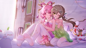 翼つばさ,符玄,青雀,崩坏：星穹铁道,露肩,茶发,连衣裙,绿色眼,发饰,长发,挤眼,開口,裤袜,粉发,笑顔,双马尾,百合