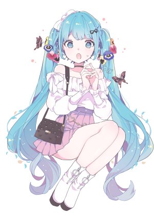 初音ミク,VOCALOID,konpe_itou,前发,蝴蝶,项圈,全身,发饰,长发,长袖,视线正对,迷你短裙,開いた口,缎带,衬衫,短裙,single,双马尾,白背景