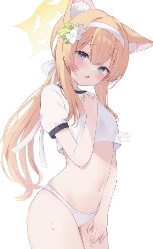 伊落玛丽,蔚蓝档案,rucaco,兽耳,碧眼,脸红,猫耳,发饰,光晕,长发,视线正对,露脐,開口,胖次,衬衫,single,下着,白背景