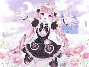 原创,あでりーぬ,呆毛,黑丝,脸红,皇冠,连衣裙,全身,发饰,长发,视线正对,開口,粉发,笑顔,single,丝袜,双马尾,超长发