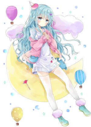 原创,月夜,前发,碧眼,青发,脸红,连衣裙,发饰,长发,长袖,视线正对,single,黑丝,白背景,白丝