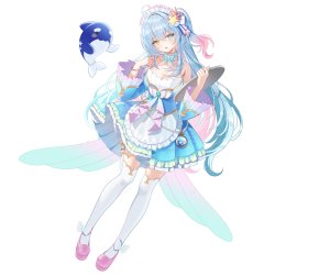 luminaria_pro,Myusha,呆毛,碧眼,青发,脸红,手镯,breasts,cleavage,连衣裙,全身,发饰,holding,长发,视线正对,粉发,single,丝袜,白丝,黄色眼