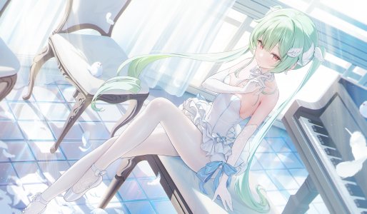 ほうき星,连衣裙,萝莉,No-Bra,裤袜,绿发,白丝,礼服,双马尾