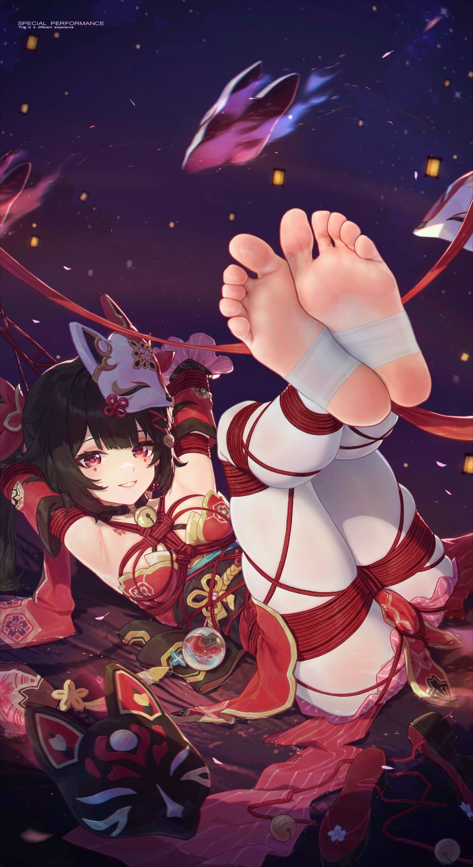 崩坏：星穹铁道,honkai,花火,icecake,single,长发,長身像,视线正对,前发,脸红,breasts,茶发,双马尾,全身,直刘海,捆绑play,少女,丝袜,白丝,铃,オビ,仮面