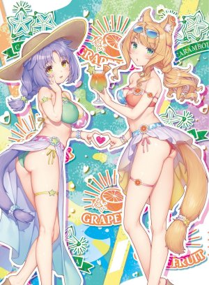 枫,桂,ネコぱら,sayori,水着,金发,三股辫,breasts,猫娘,猫尾,開口,紫发,笑顔,泳装,巨乳,横乳