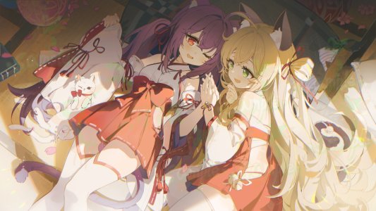 原创,coria,兽耳,露肩,金发,绿色眼,长发,长袖,横臥,挤眼,開口,紫发,红色眼,笑顔,丝袜,白丝