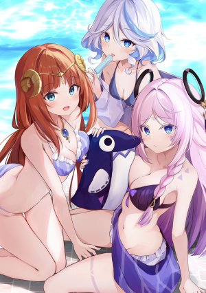 芙宁娜,妮露,原神,hyurasan,露肩,水着,碧眼,青发,脸红,三股辫,breasts,cleavage,绿色眼,灰发,holding,长发,视线正对,露脐,開口,粉发,笑顔,泳装