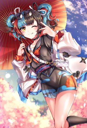 Fate/GrandOrder,Fate系列,黑发,黑丝,青发,脸红,棕色眼,holding,kneehighs,长袖,闭只眼,花瓣,学校制服,水手服,衬衫,短裙,笑顔,single,双马尾,雨伞