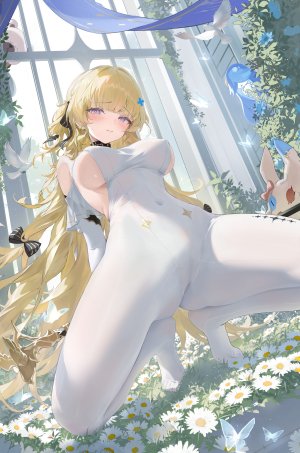 鸣潮,haku89,金发,脸红,Bodysuit,breasts,发饰,holding,长发,视线正对,nopan,紫色眼,猫咪,single,张腿,超长发