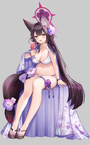 狐坂ワカモ,蔚蓝档案,藤森しき,兽耳,水着,黑发,脸红,breasts,披肩,cleavage,狐娘,发饰,光晕,holding,长发,视线正对,露脐,開口,笑顔,single,泳装,雨伞,超长发,黄色眼