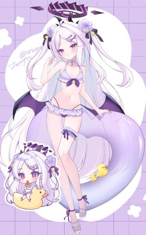 oruorz,日奈,蔚蓝档案,呆毛,水着,脸红,breasts,チビ,项圈,恶魔娘,全身,发饰,光晕,萝莉,长发,露脐,紫色眼,缎带,坐姿,泳装,双马尾,超长发,白发,翅膀