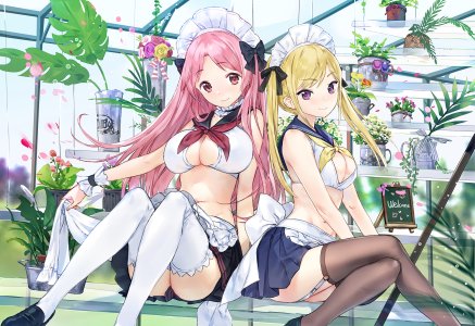 macciatto,原创,围裙,露肩,金发,breasts,项圈,cleavage,长发,视线正对,女仆,迷你短裙,露脐,粉发,褶皱裙,紫色眼,红色眼,缎带,rose,坐姿,短裙,笑顔,丝袜,双马尾