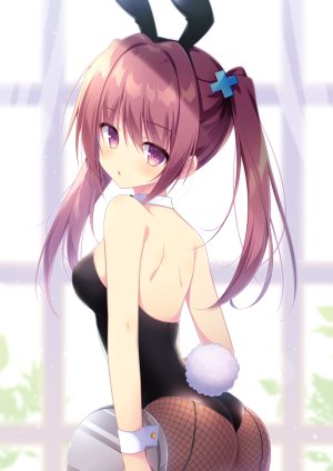 原创,pimopi,兽耳,露肩,胸部,茶发,兔耳,兔女郎,项圈,holding,长发,视线正对,回头看,横乳,黑丝,紫色眼,single,双马尾