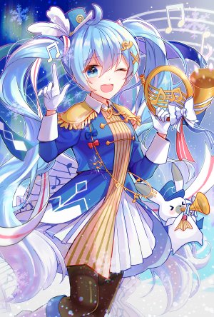初音ミク,雪ミク,雪未来,VOCALOID,动物,黑丝,碧眼,青发,脸红,兔子,连衣裙,羽毛,手套,发饰,holding,乐器,长发,长袖,视线正对,闭只眼,開いた口,缎带,衬衫,笑顔,雪花,single,闪亮,双马尾,雪ミク2020