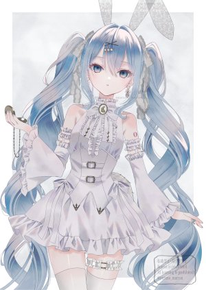 初音ミク,VOCALOID,paruno,兽耳,露肩,碧眼,青发,领结,连衣裙,发饰,holding,长发,长袖,视线正对,single,tattoo,丝袜,双马尾,超长发,白丝